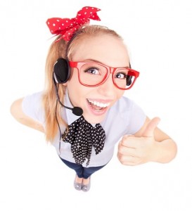Funny call center concept - woman with headset