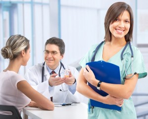 Medical doctor and young couple patients.